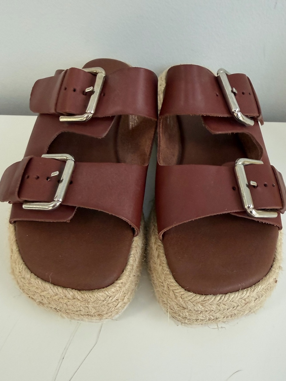 Anthropologie Size 37/7 Brown Leather Double Buckle Slides
